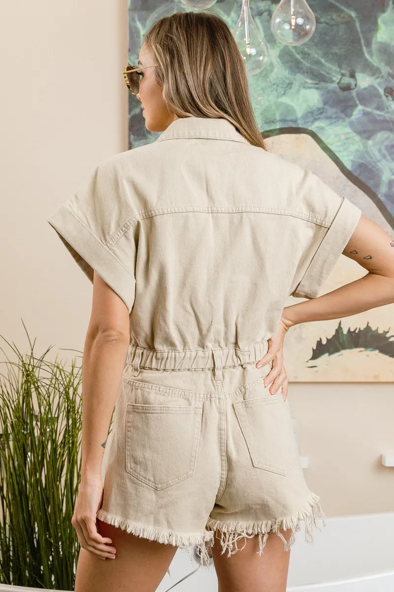 BiBi Distressed Detail Washed Elastic Waistband Romper