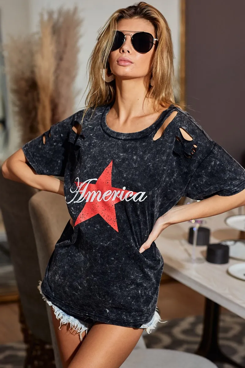 BiBi Laser Cut Mineral Washed Jersey Top with  America