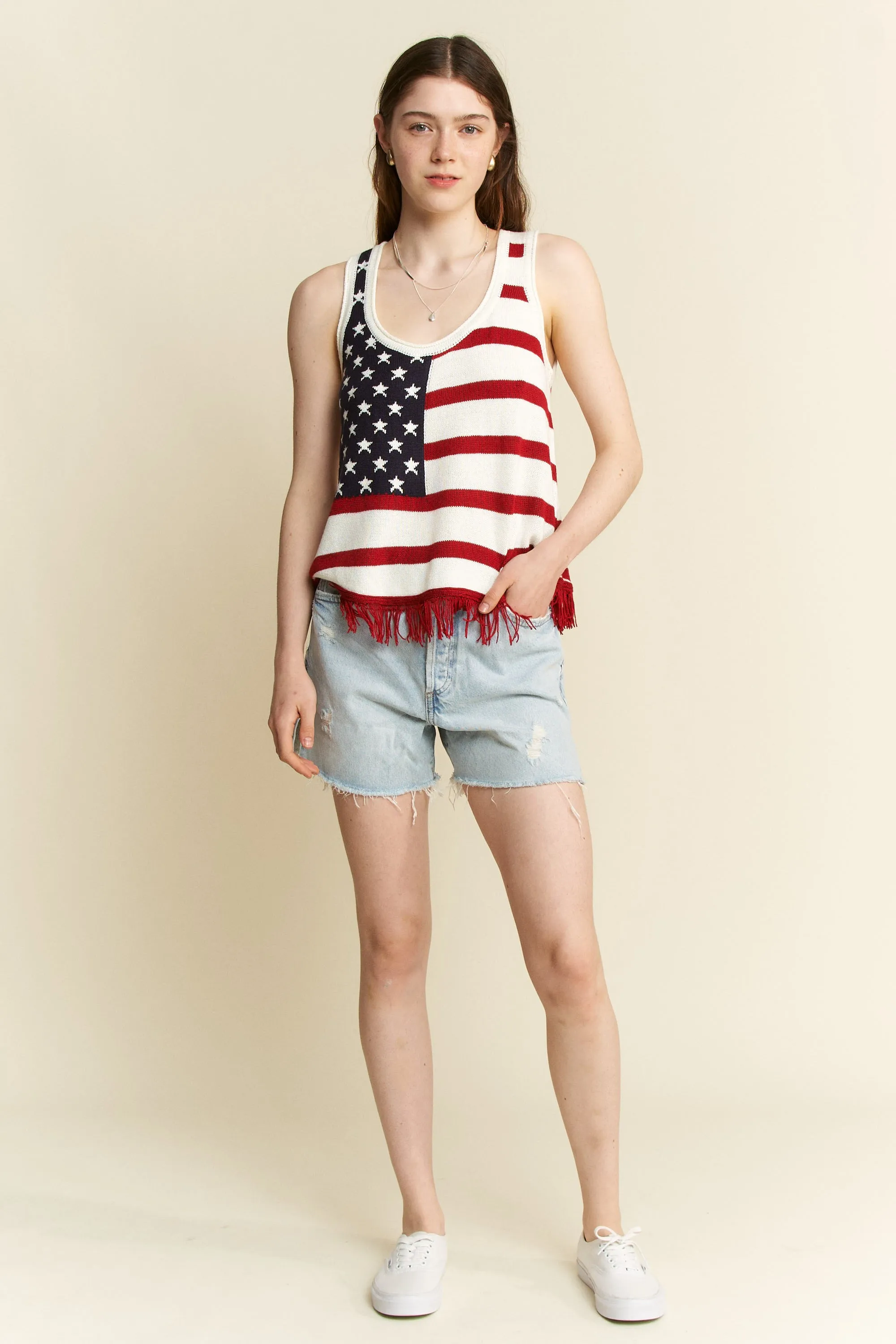 Jade By Jane Full Size American Flag Fringe Tank Top Plus Size