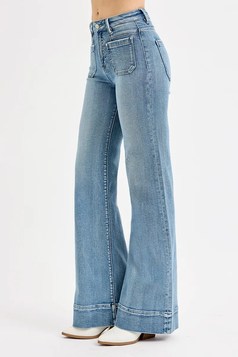 RISEN Full Size High Rise Wide Flare Patch Pocket Jeans Plus Size