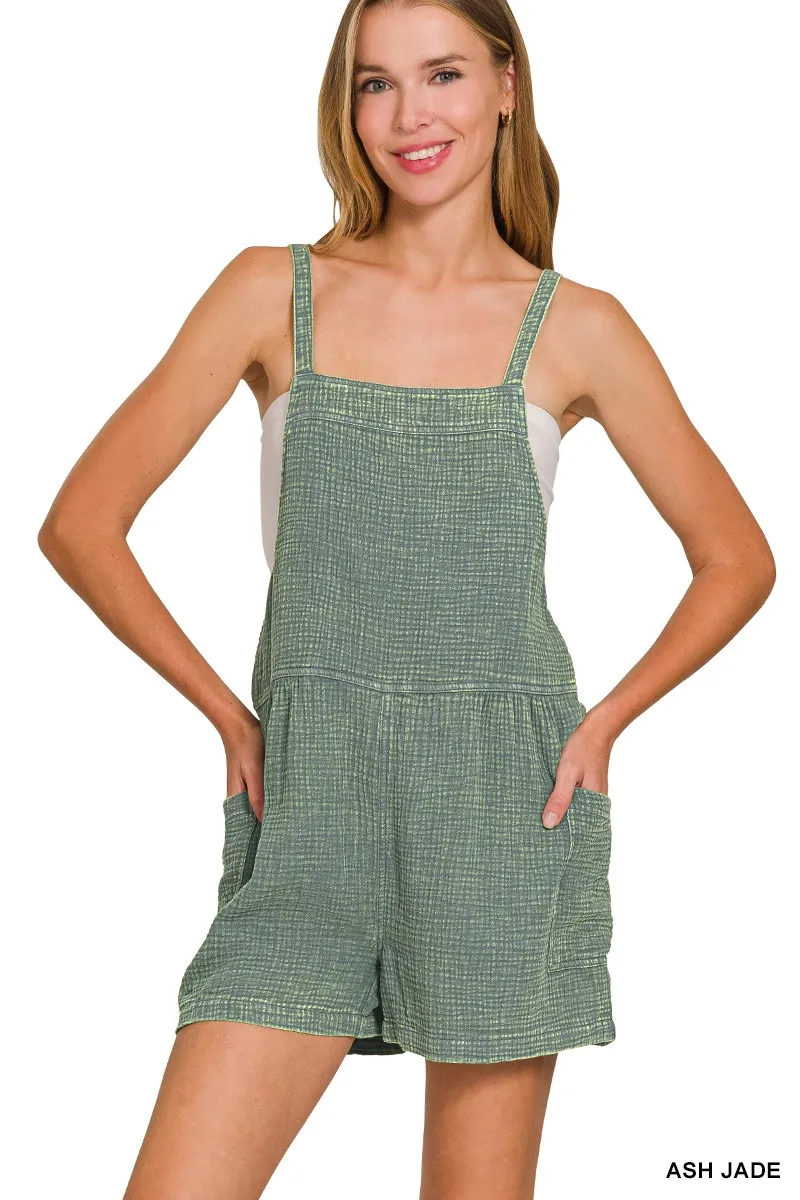 Zenana Washed Double Gauze Tie Back Rompers