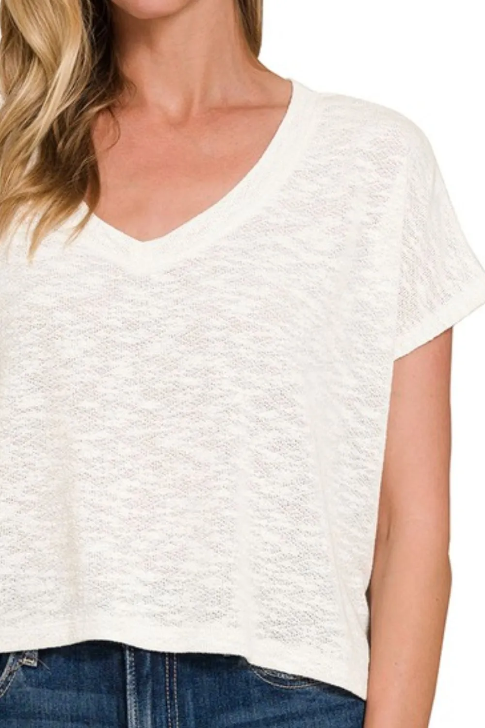 Zenana Hacci Slub V-neck Drop Shoulder Crop Top