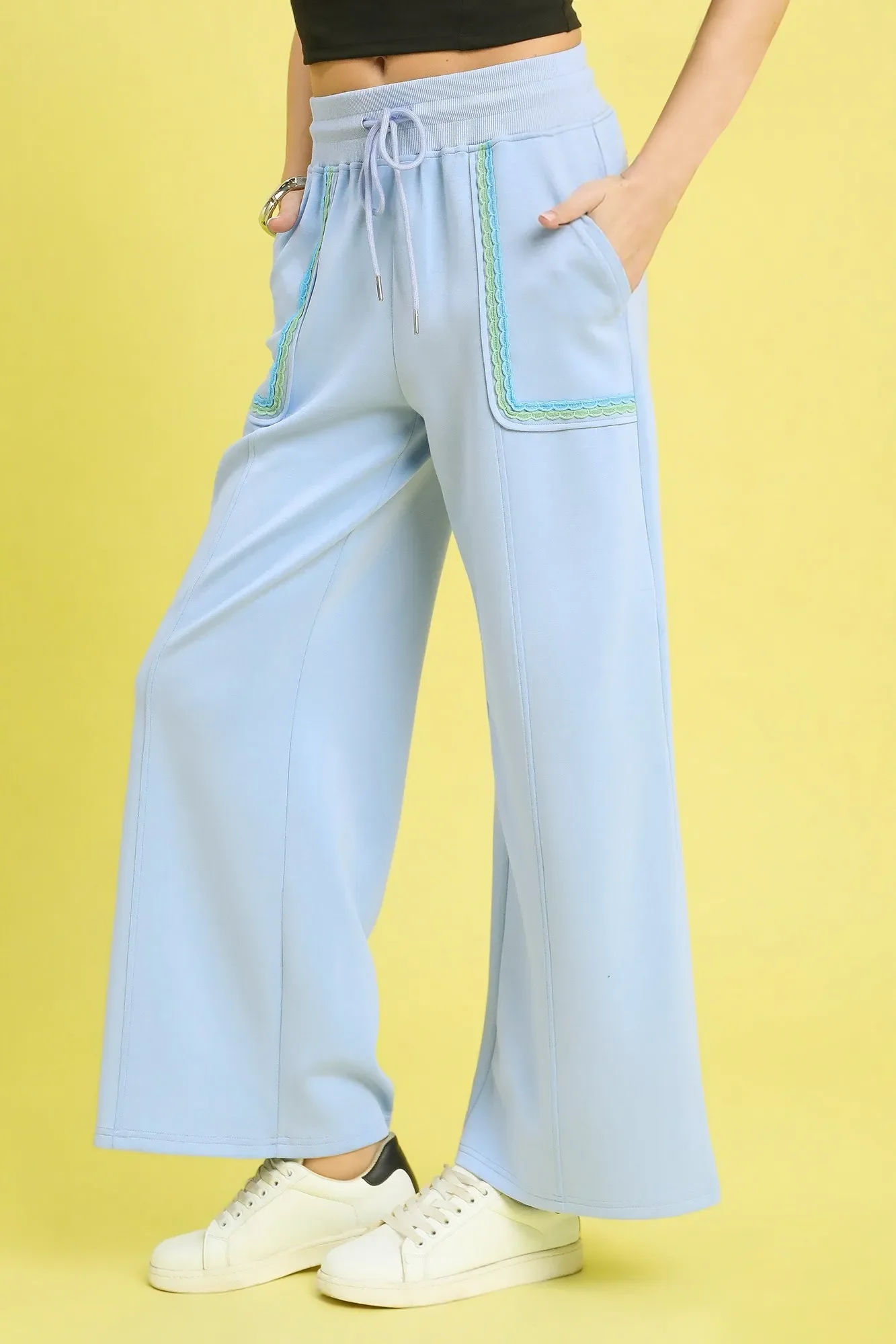 Umgee Drawstring Wide Leg Pants with Scallop Trim Detail