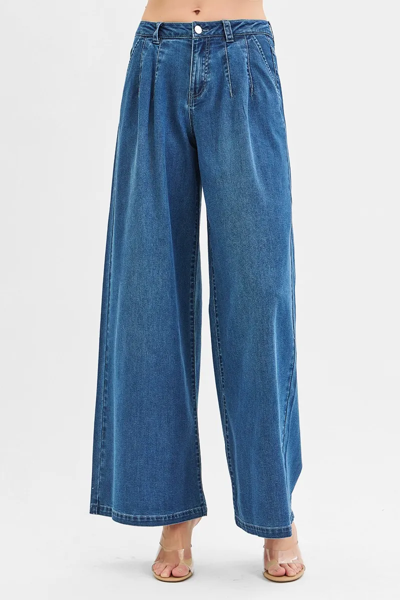 RISEN Mid Rise Fit Wide Leg Knit Denim Look Jeans