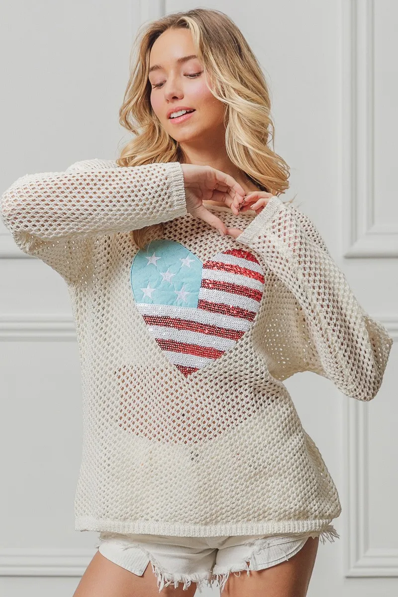 BiBi Sequin American Flag Heart Knit Up
