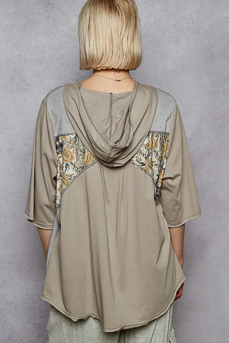 POL Lace-Up Hooded T-Shirt with Paisley Panel Detail