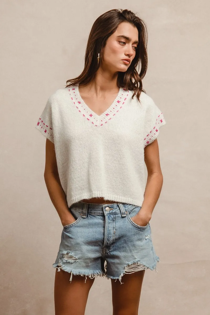 BiBi Knit Solid Contrast Stitch Detail Short Sleeves Sweater