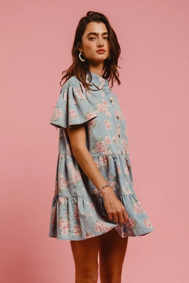 BiBi Floral Print Washed Lightweight Tiered Shirt Dress
