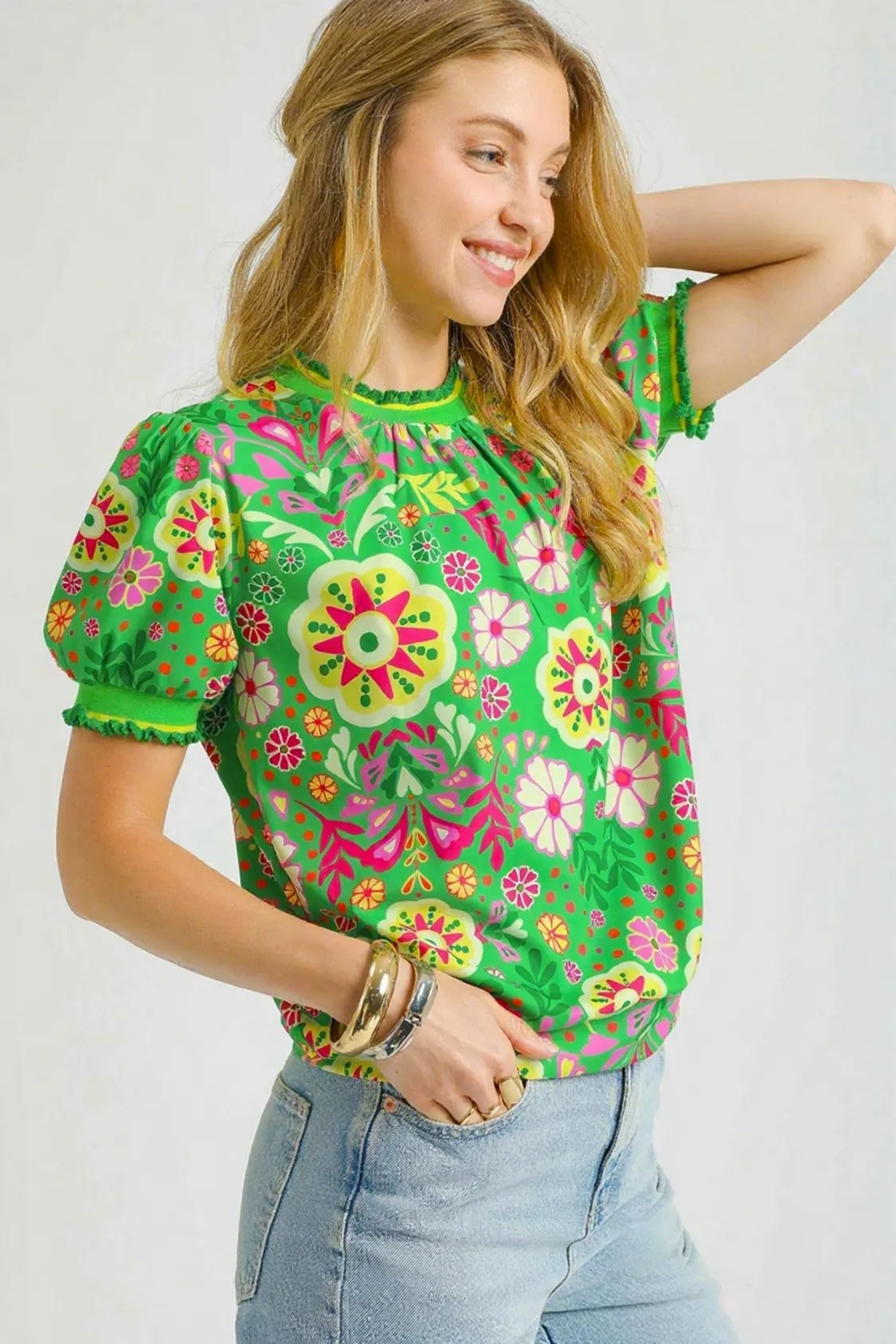 Umgee Retro Floral Puff Sleeve Top