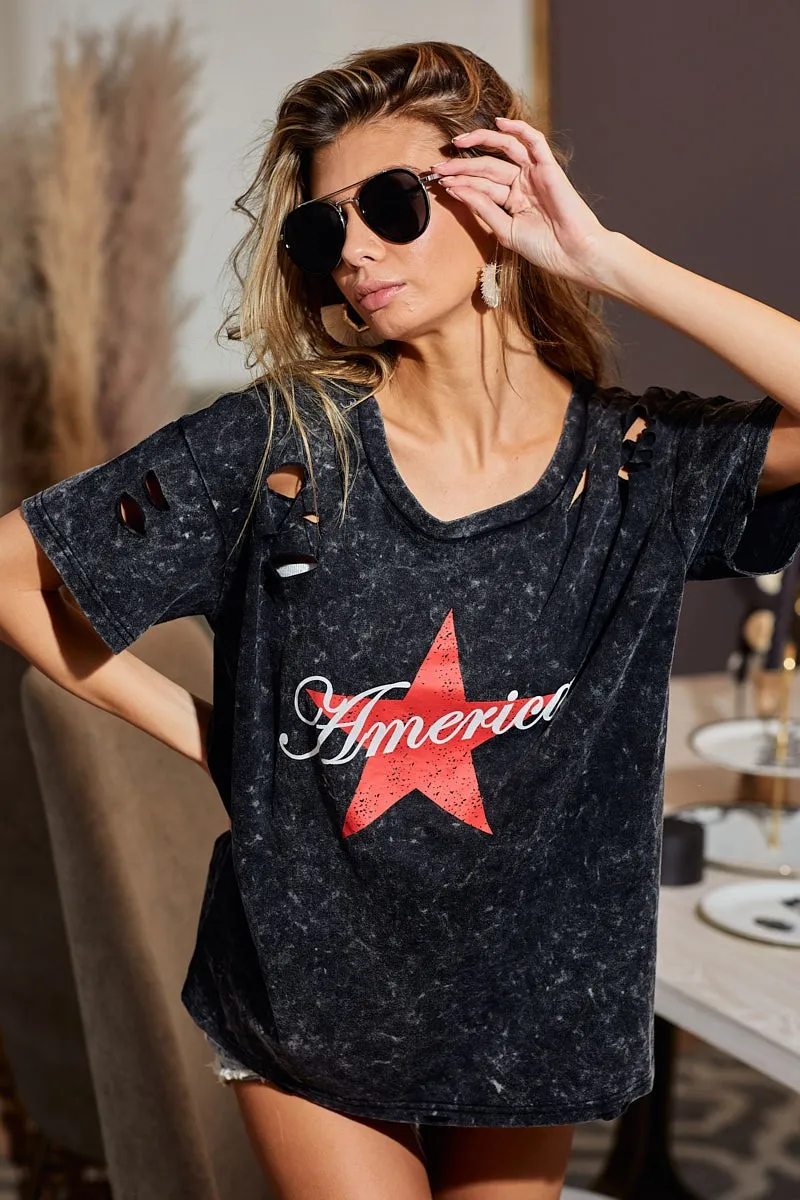 BiBi Laser Cut Mineral Washed Jersey Top with  America