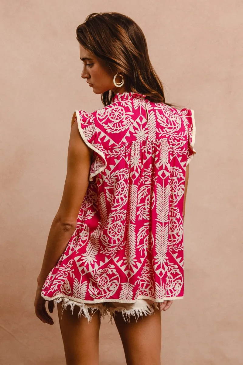BiBi Printed Ruffle Sleeve Top