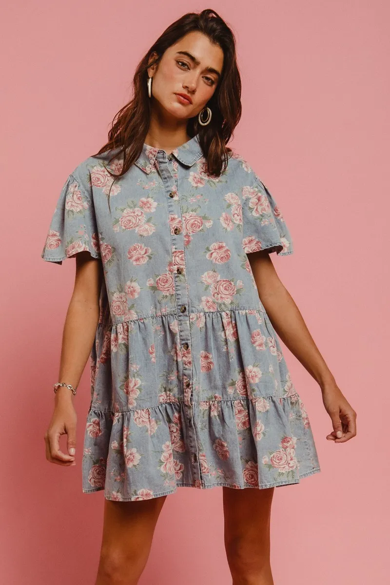 BiBi Floral Print Washed Lightweight Tiered Shirt Dress