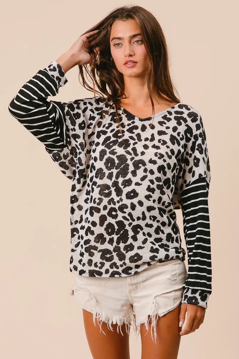 BiBi Leopard Hacci Knit Twist Back Top With Stripe Sleeve