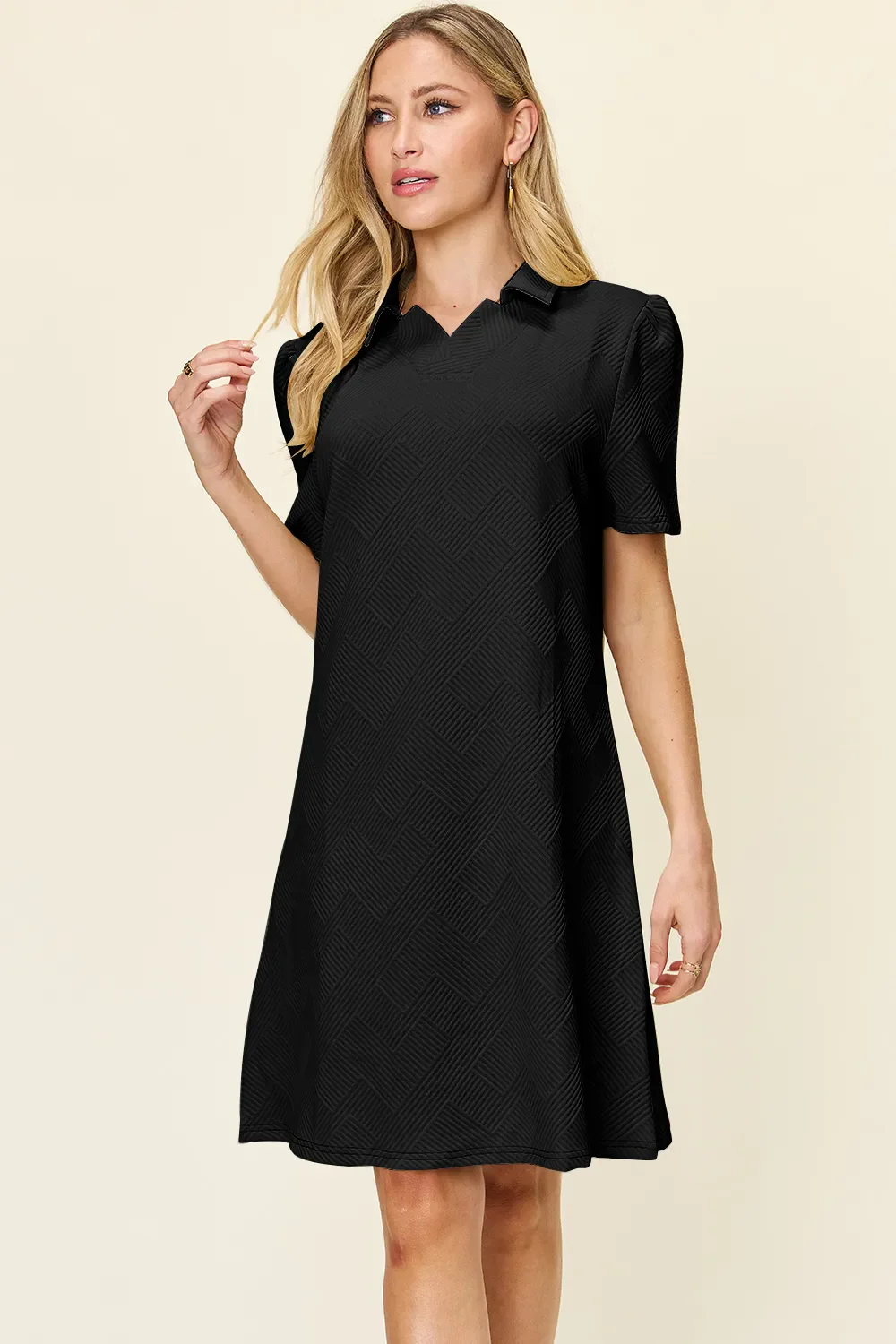 Double Take Full Size Texture Collared Neck Short Sleeve Dress