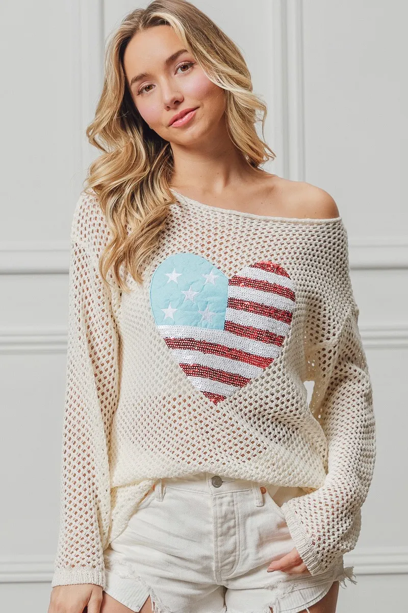 BiBi Sequin American Flag Heart Knit Up