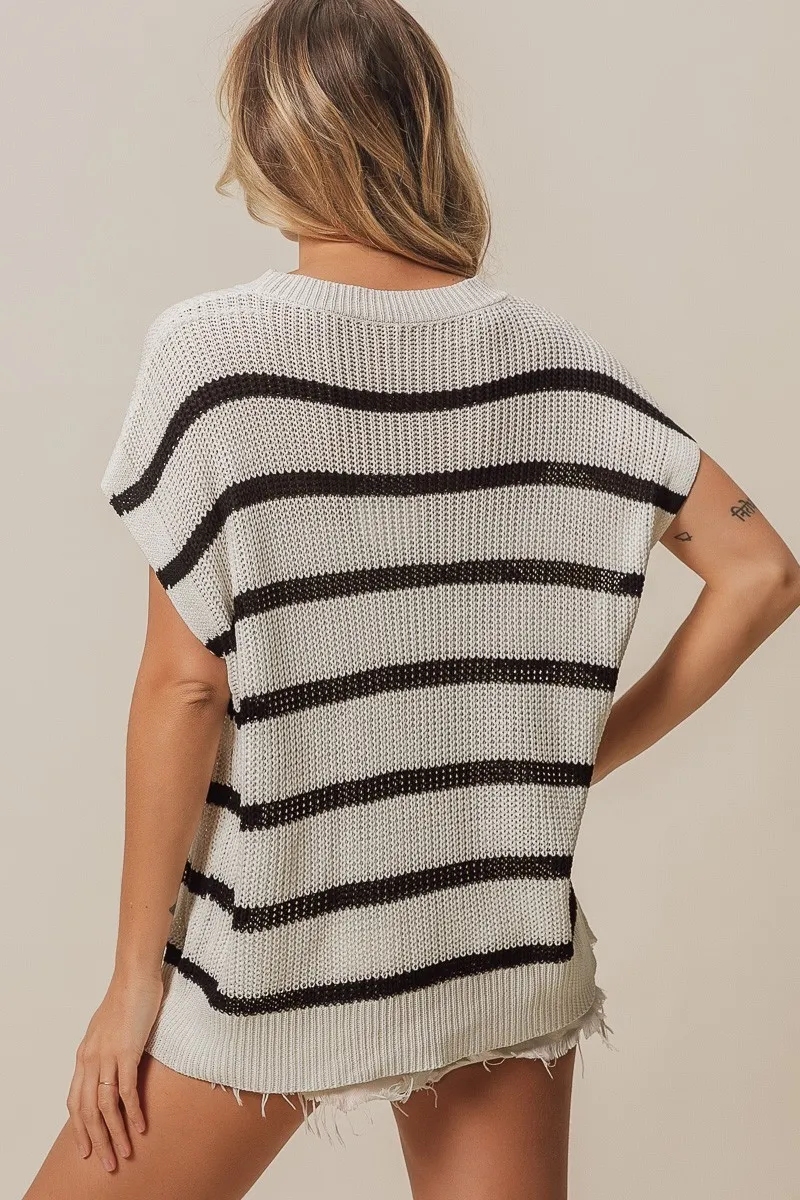 BiBi Vacay Mode Lettering Drop Shoulder Striped Sweater