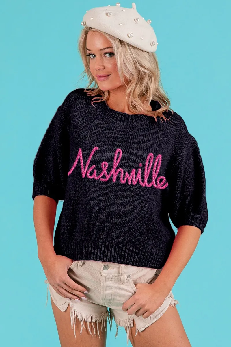 BiBi Metallic Letter Short Puff Sleeve Hairy Sweater