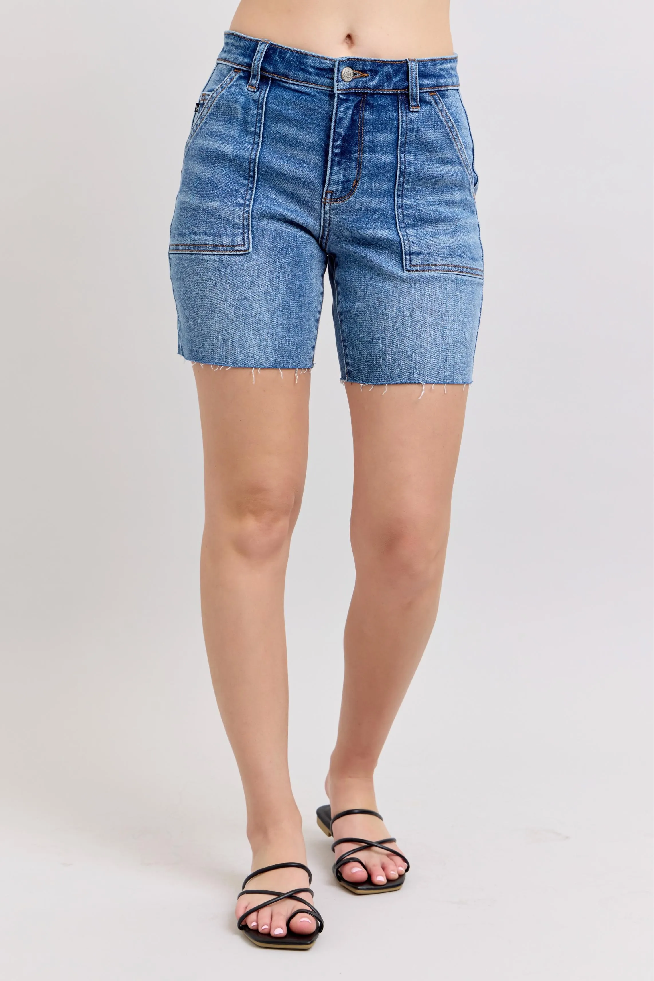 Judy Blue Full Size Mid Rise Bermudas Denim Shorts W/ Back Flap Pockets Plus Size