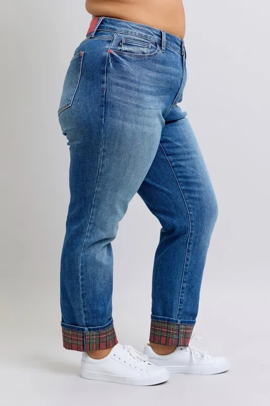 Judy Blue Full Size Mr Plaid Print Cuff Bf Jeans Plus Size