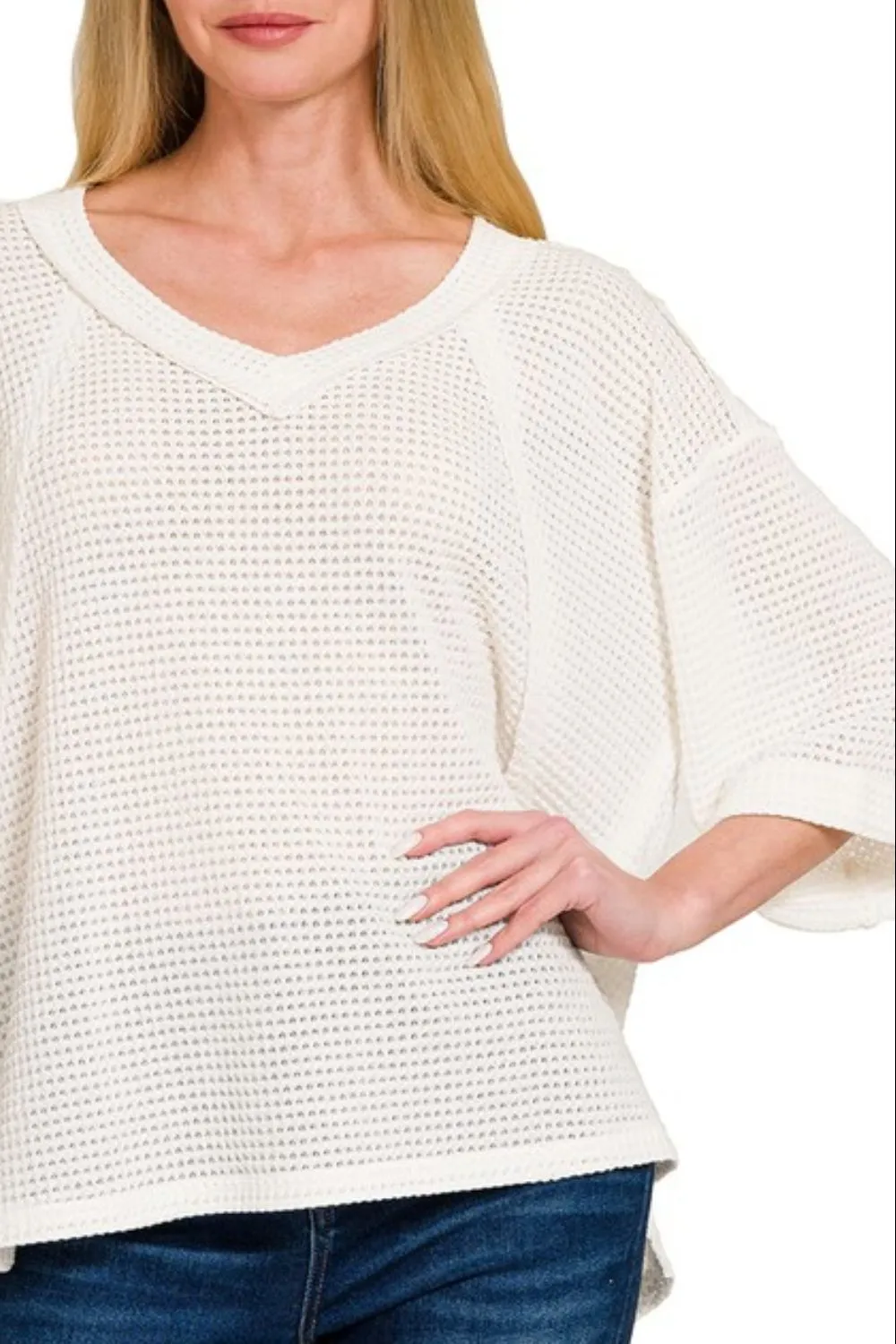 Zenana Brushed Waffle Exposed-seam 3/4 Sleeve Top