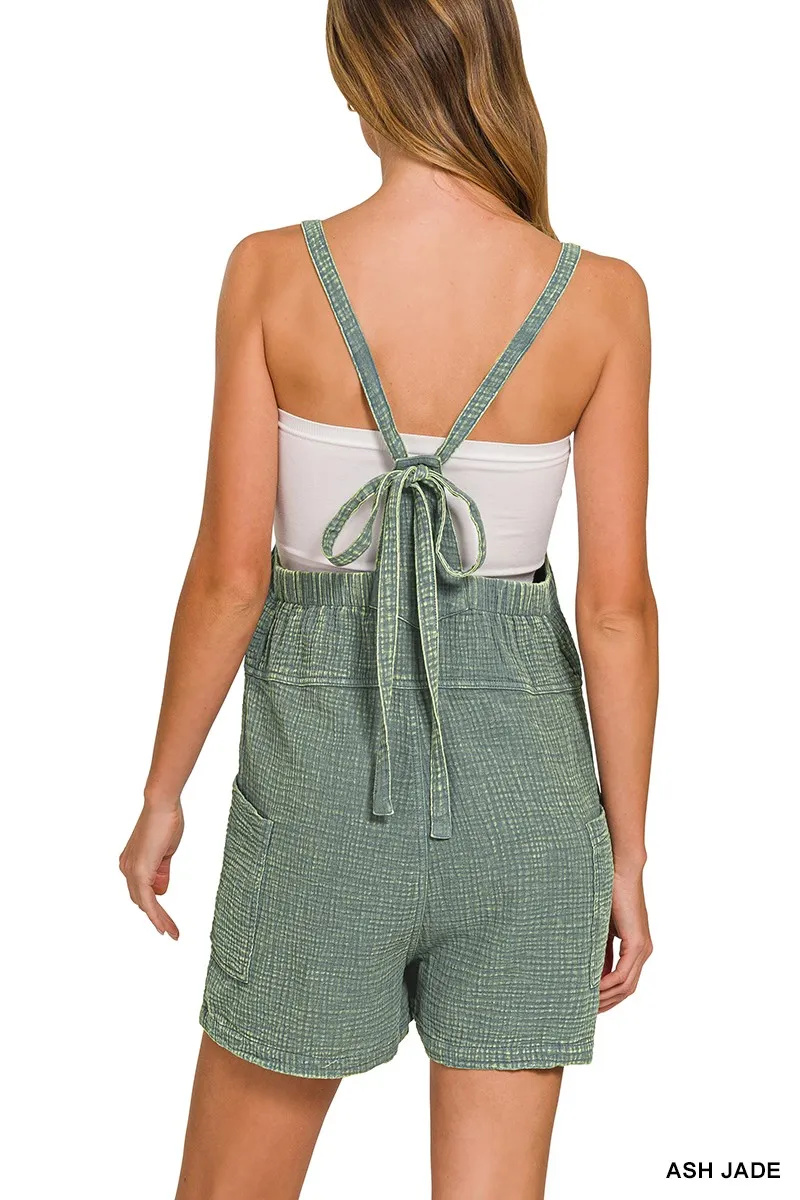 Zenana Washed Double Gauze Tie Back Rompers