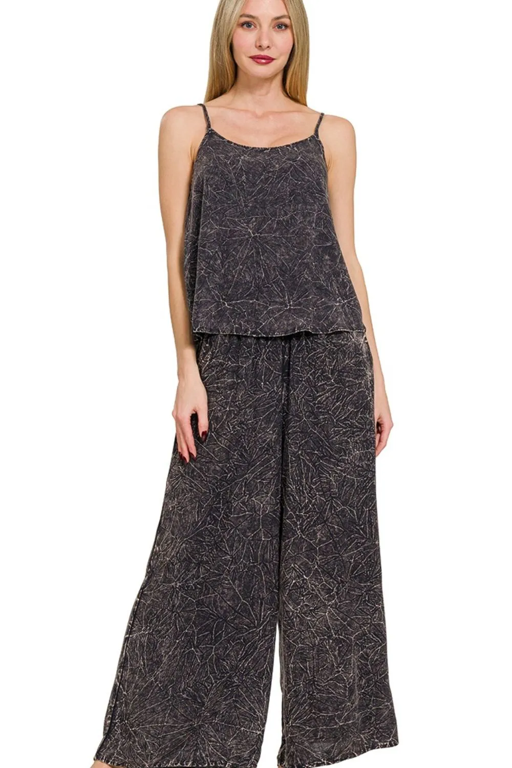 Zenana Woven Acid Crinkle Washed Cami & Pants 2 Piece Set