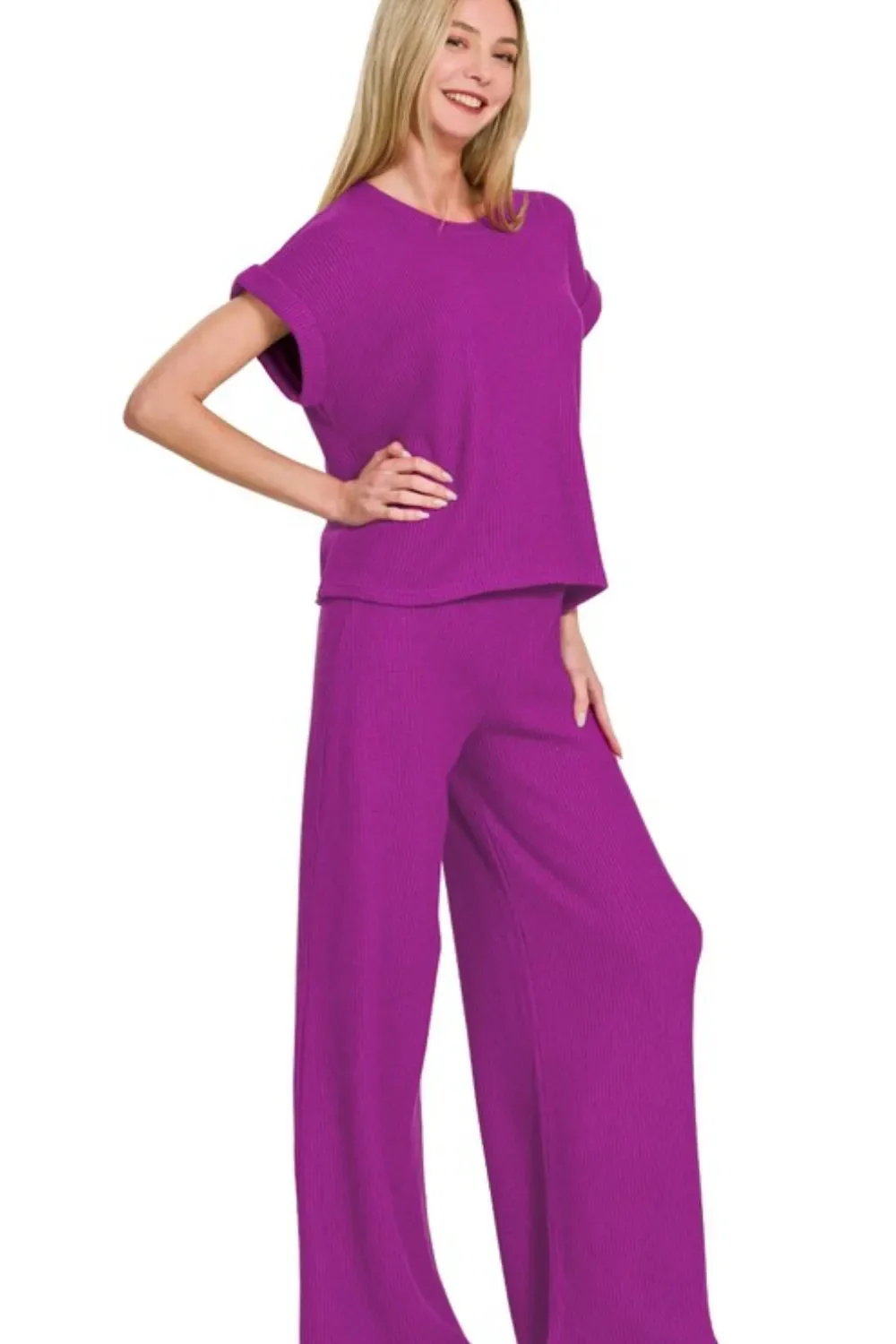 Zenana Rolled Sleeve Top and Pants Sweater Set