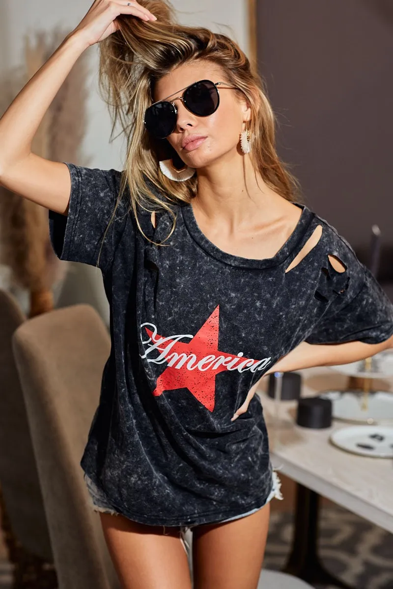 BiBi Laser Cut Mineral Washed Jersey Top with  America