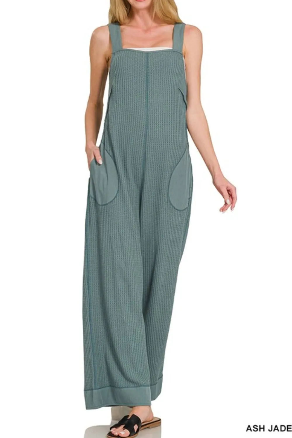 Zenana Knit Waffle Wide Leg Overalls