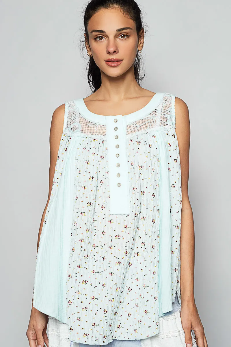 POL Floral Print Button-Front Lace Patchwork Tank Top