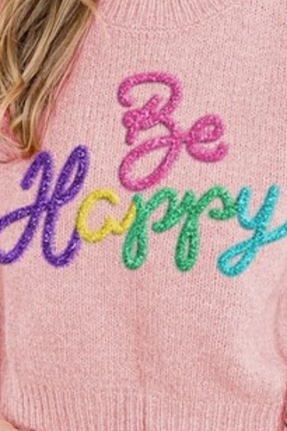 BiBi Metallic Letter Short Puff Sleeve Hairy Sweater