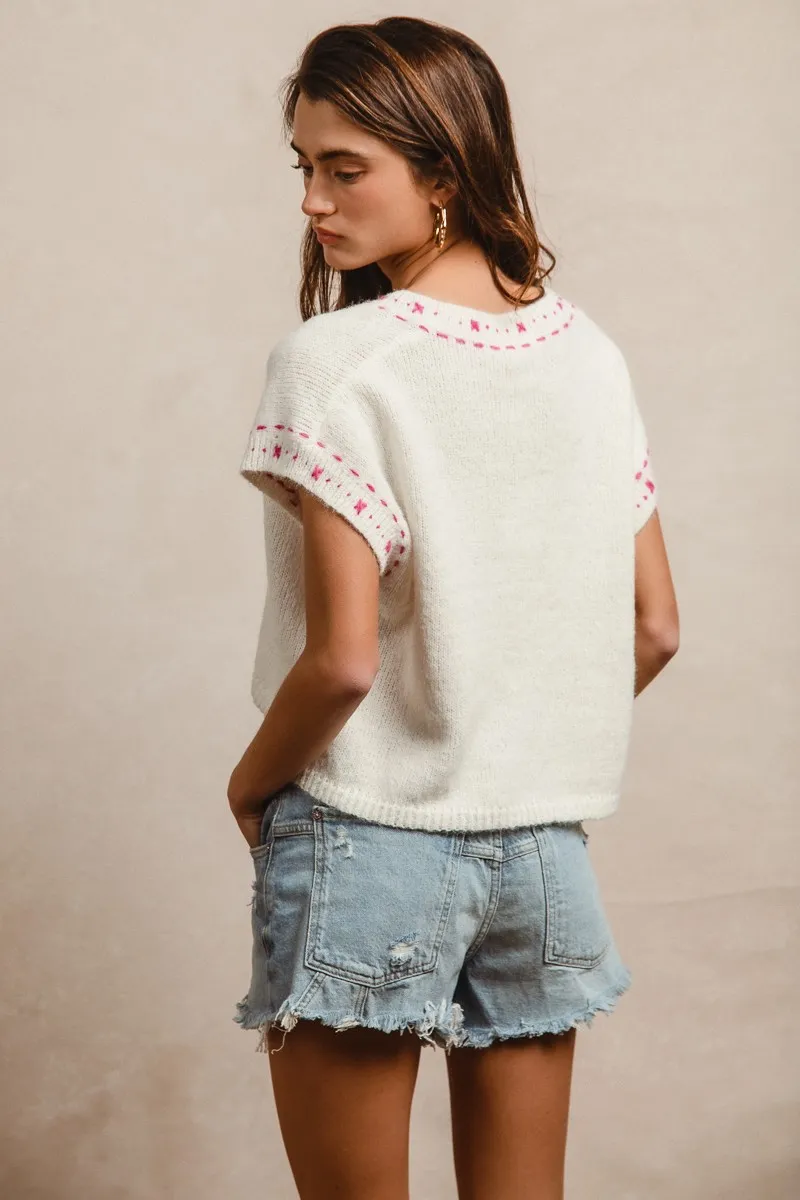 BiBi Knit Solid Contrast Stitch Detail Short Sleeves Sweater