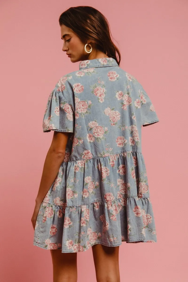 BiBi Floral Print Washed Lightweight Tiered Shirt Dress