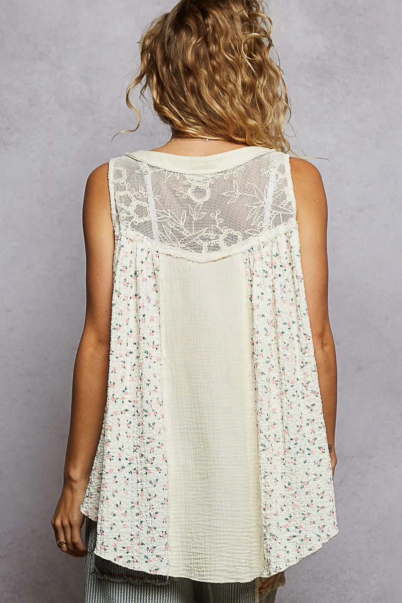 POL Floral Print Button-Front Lace Patchwork Tank Top