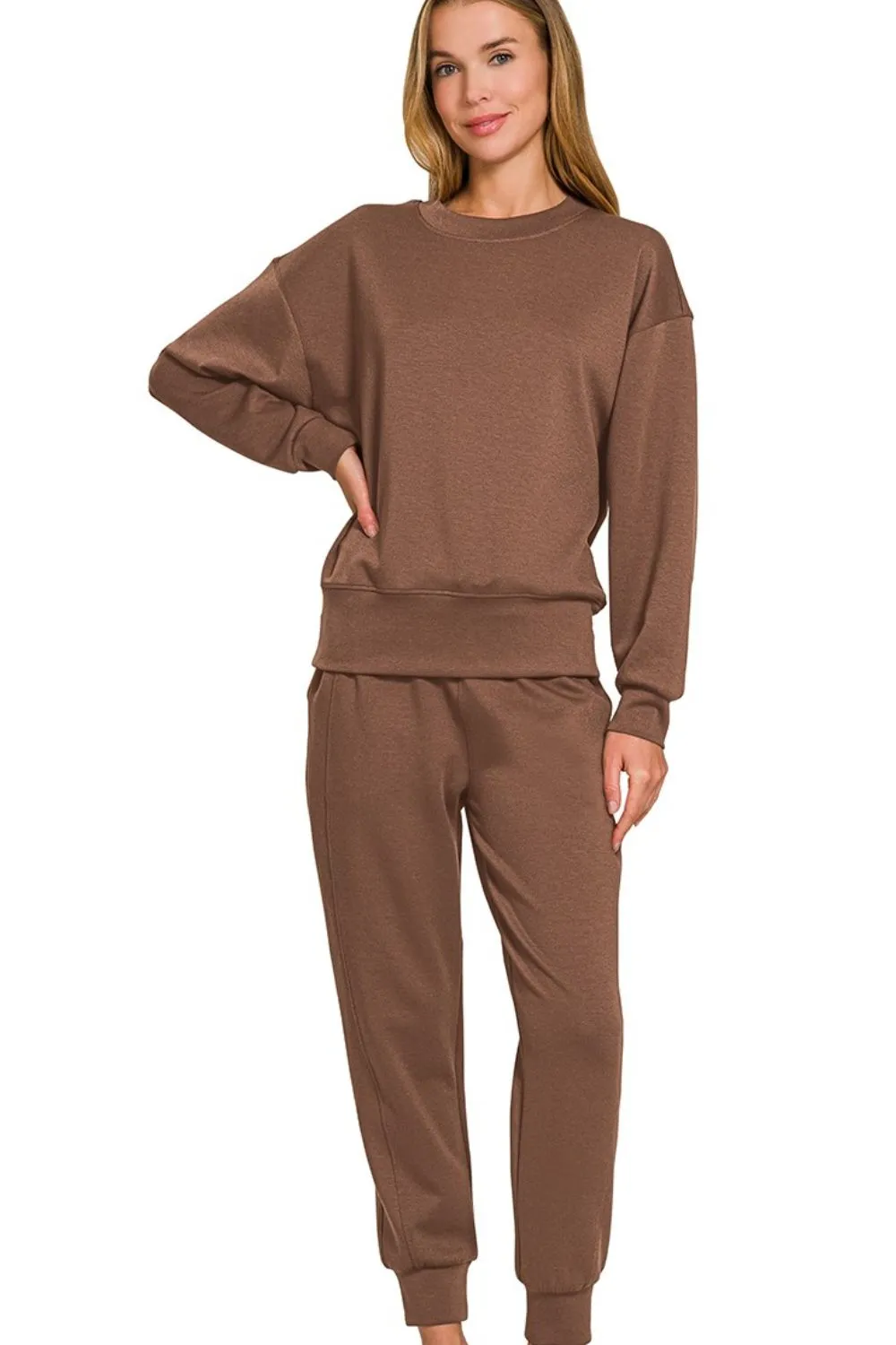 Zenana Scuba Crewneck Pullover & Joggers 2 Pieces Set