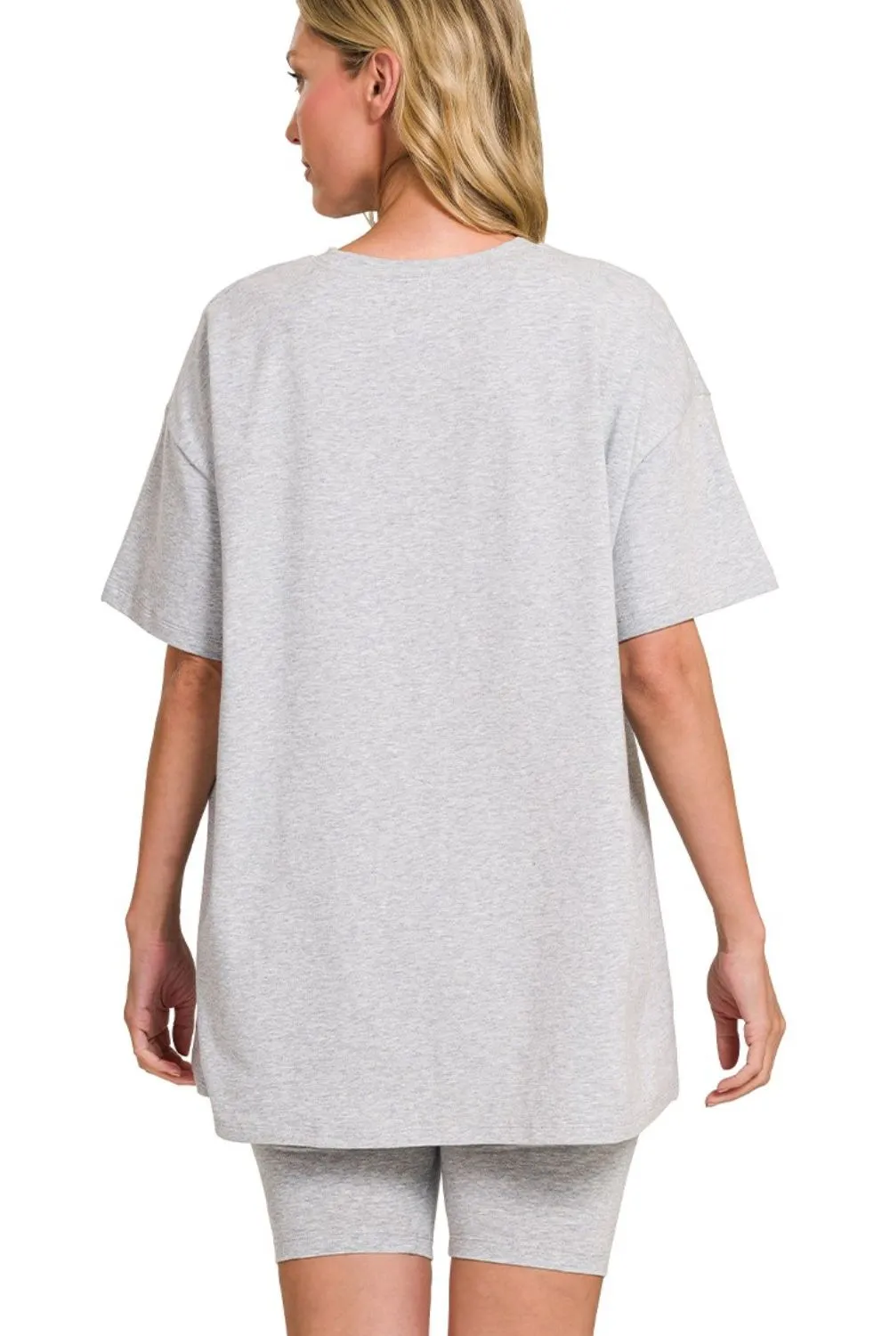 Zenana Cotton Round Neck Top & Biker Shorts