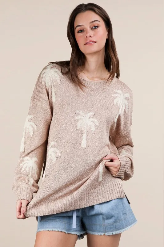 VERY J Palm Tree Graphic Oversized Knit Sweater
