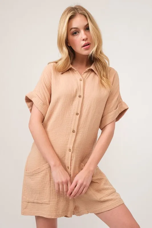 And The Why Washed Gauze Roll-up Sleeve Comfort Utility Romper