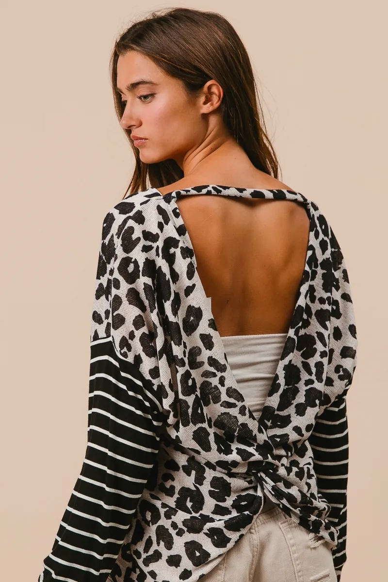 BiBi Leopard Hacci Knit Twist Back Top With Stripe Sleeve