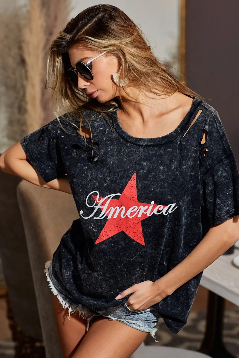 BiBi Laser Cut Mineral Washed Jersey Top with  America