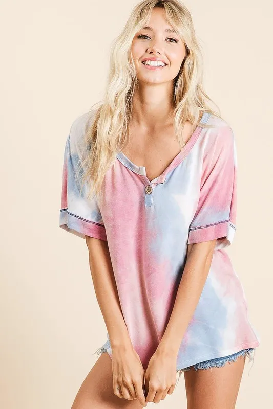 BiBi Tie Dye French Terry Top With Buttoned Placket
