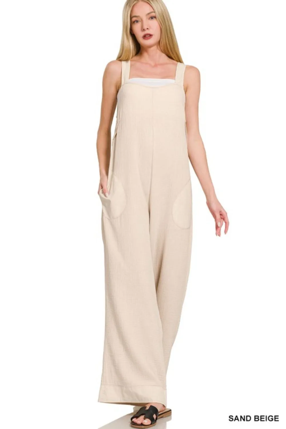Zenana Double Gauze Washed Wide Leg Overalls