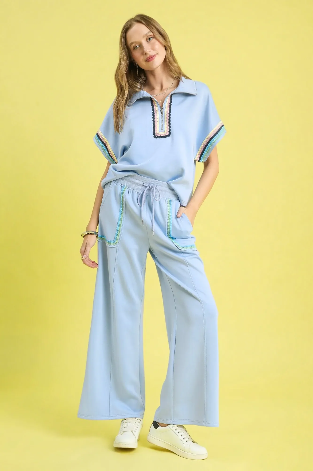 Umgee Drawstring Wide Leg Pants with Scallop Trim Detail