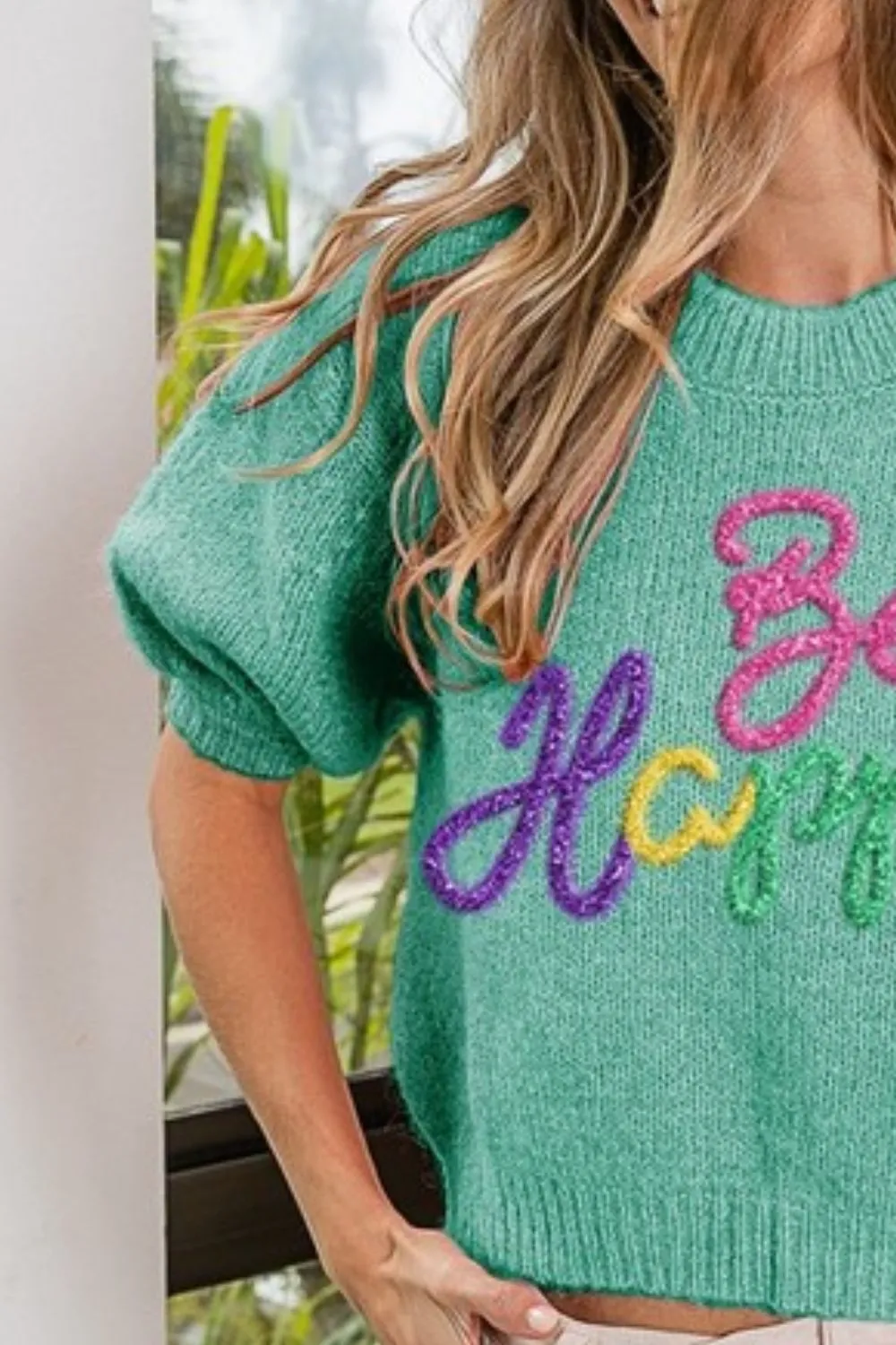 BiBi Metallic Letter Short Puff Sleeve Hairy Sweater