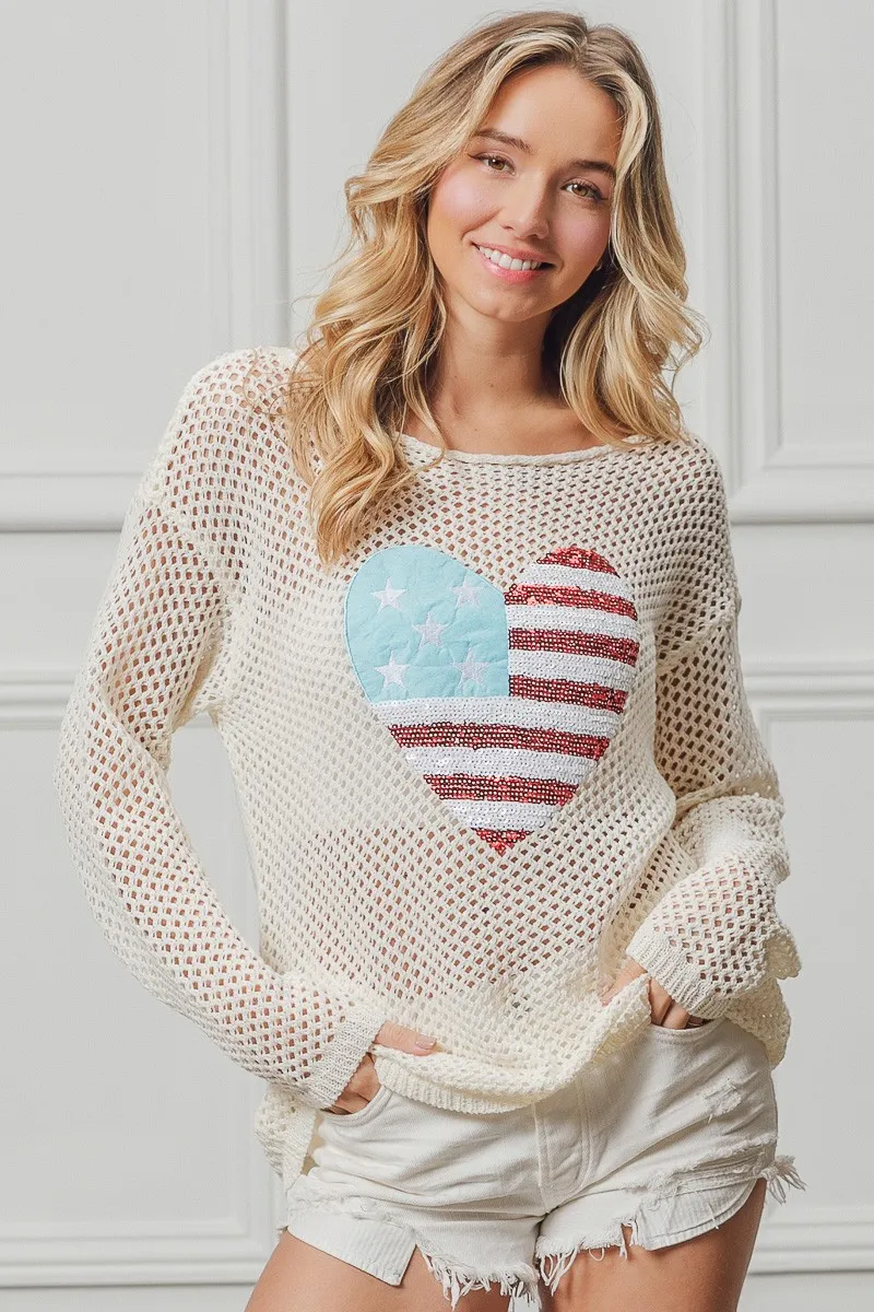 BiBi Sequin American Flag Heart Knit Up