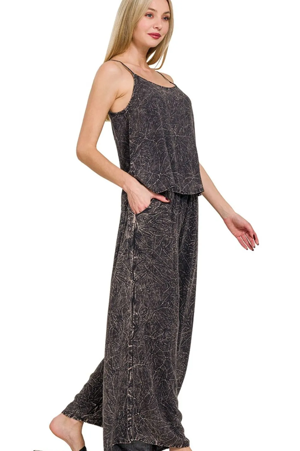 Zenana Woven Acid Crinkle Washed Cami & Pants 2 Piece Set
