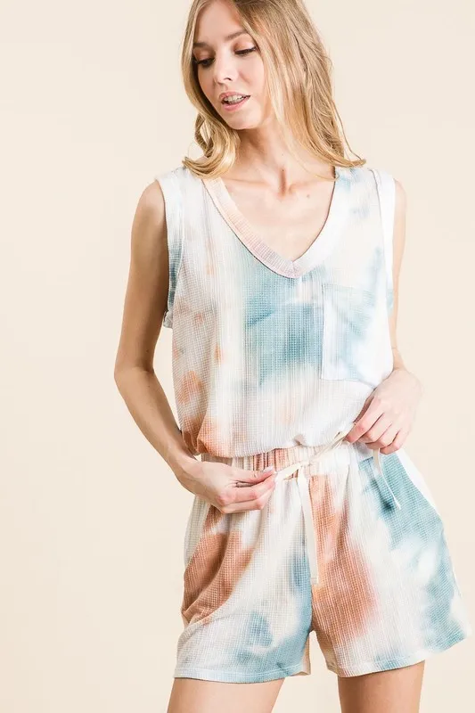 BiBi Tie Dye Textured Knit Top and Shorts Set