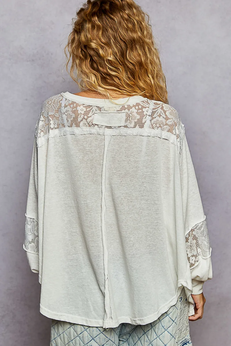 POL V-Neck Long Sleeve T-Shirt with Lace Detail