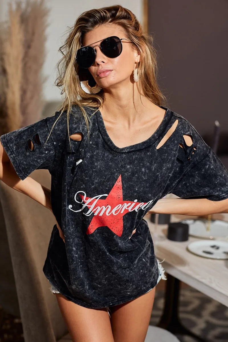 BiBi Laser Cut Mineral Washed Jersey Top with  America