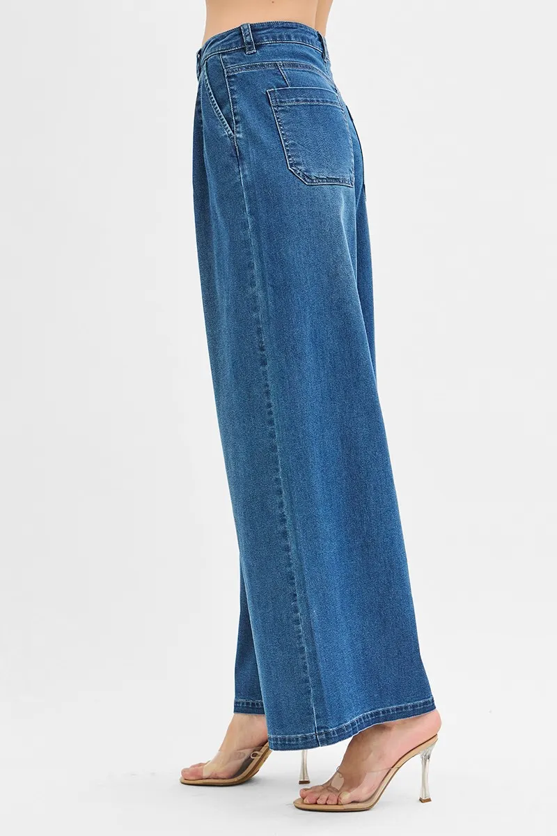 RISEN Mid Rise Fit Wide Leg Knit Denim Look Jeans